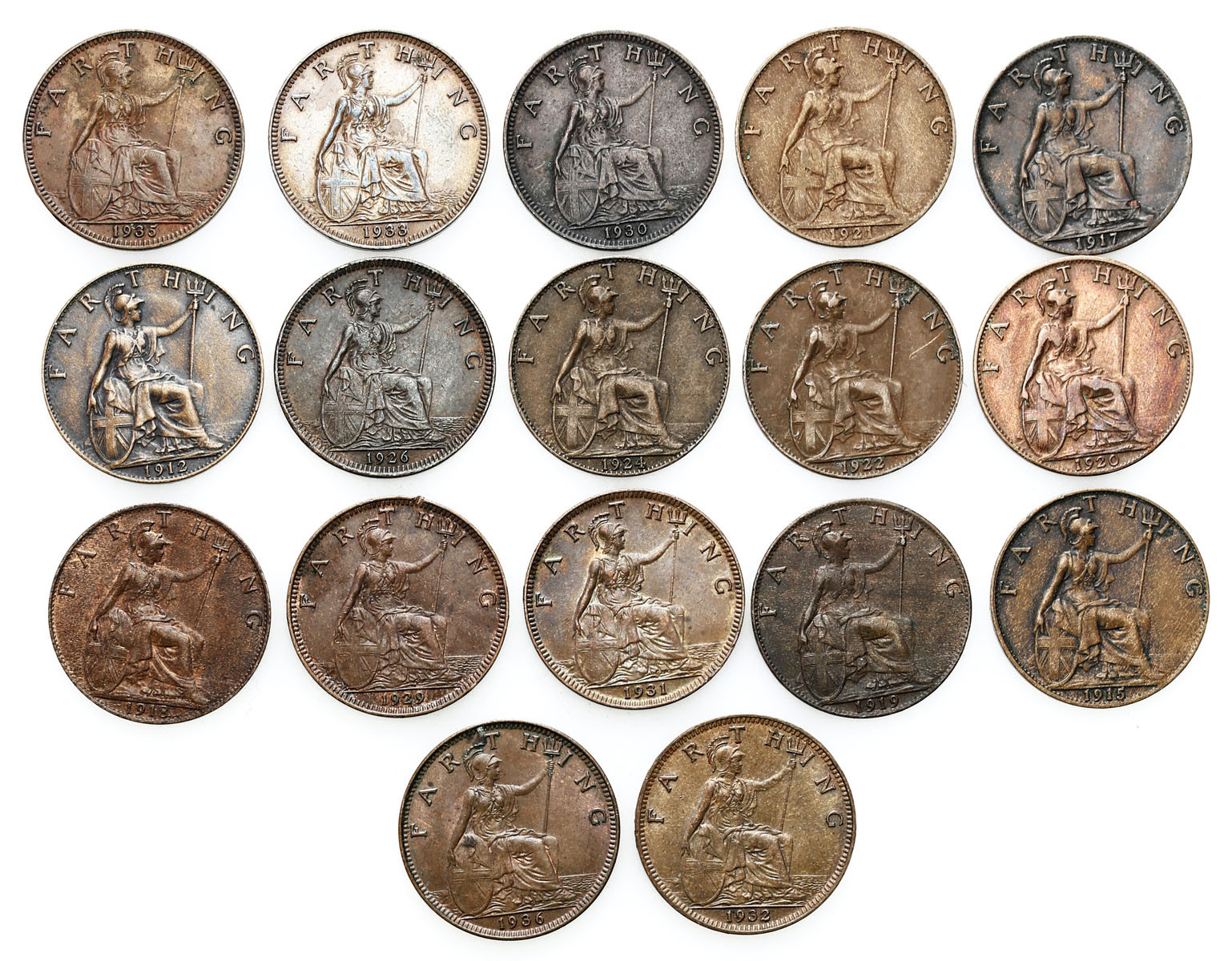 Wielka Brytania. George V (1910-1936). Farthing  1919-1936, zestaw 17 monet